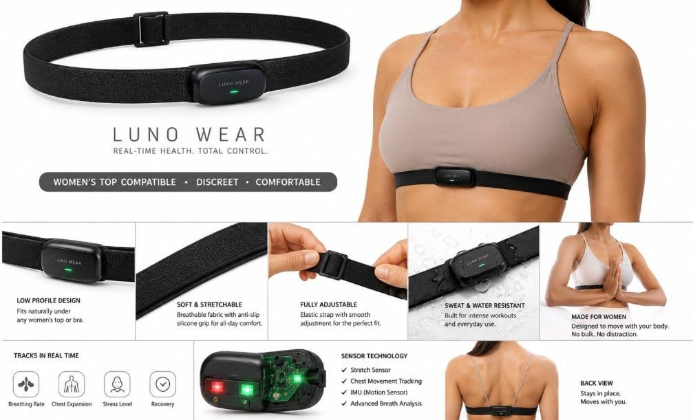 Luno Wear low-profile chest strap designed for women, discreet and comfortable